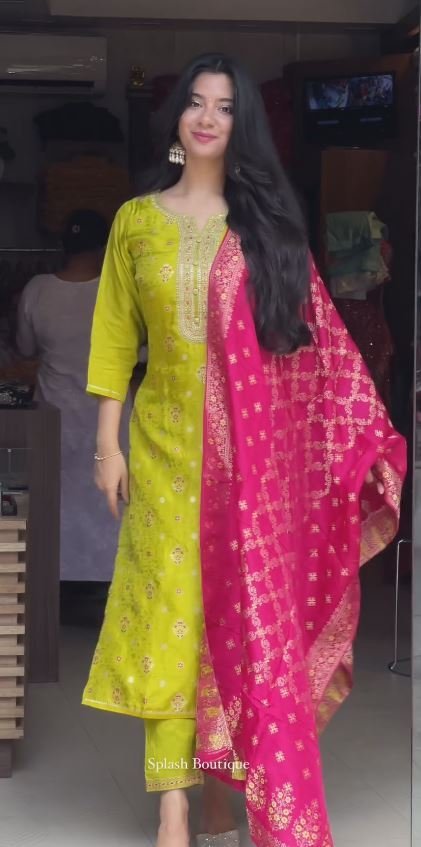 Ethnic Motifs Embroidered Notch Neck Zari Work Kurta With Salwar & Dupatta - Image 3
