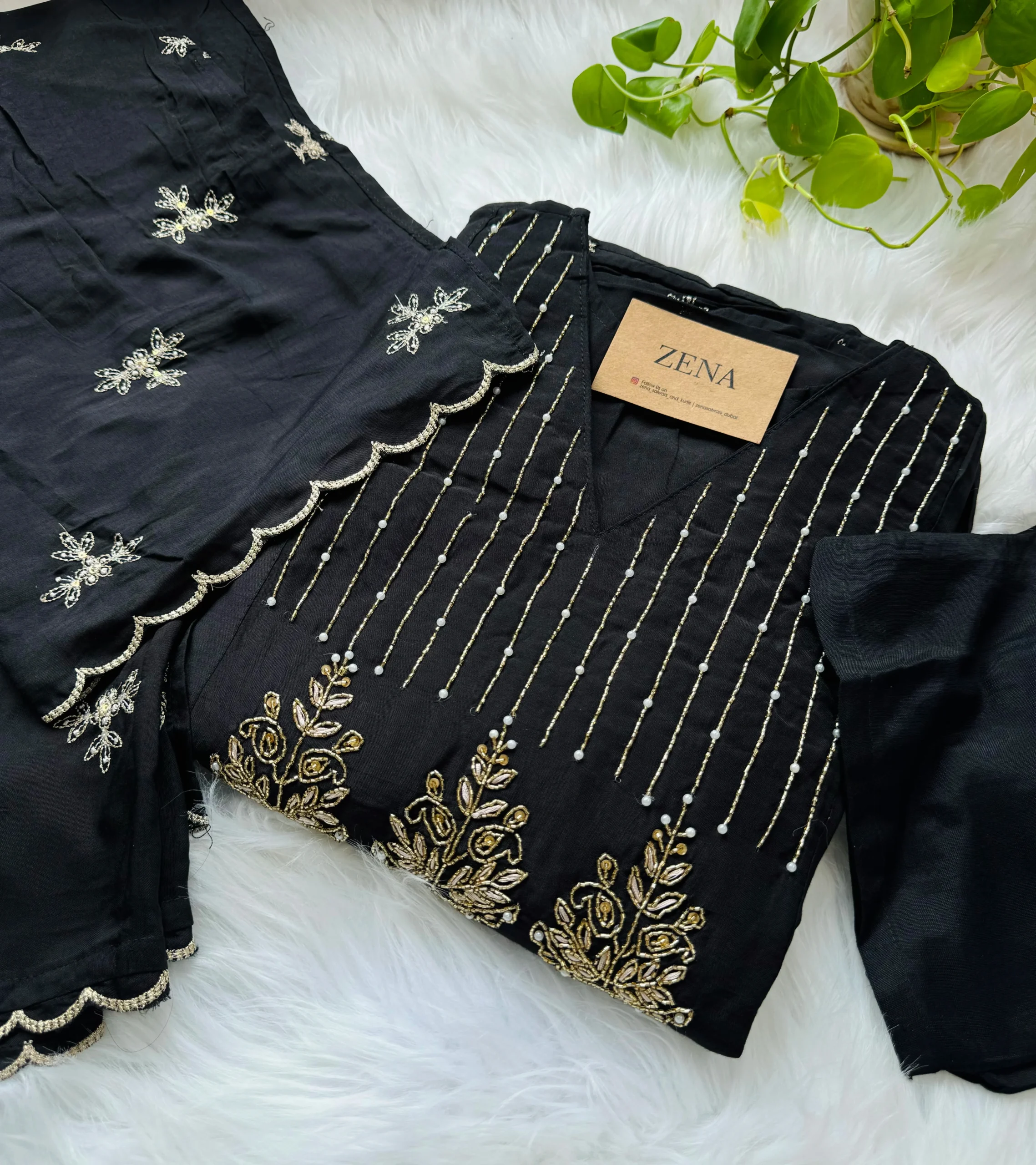 Mul Chanderi Handwork Anarkali Kurti Set โ Regal Elegance - Black Color