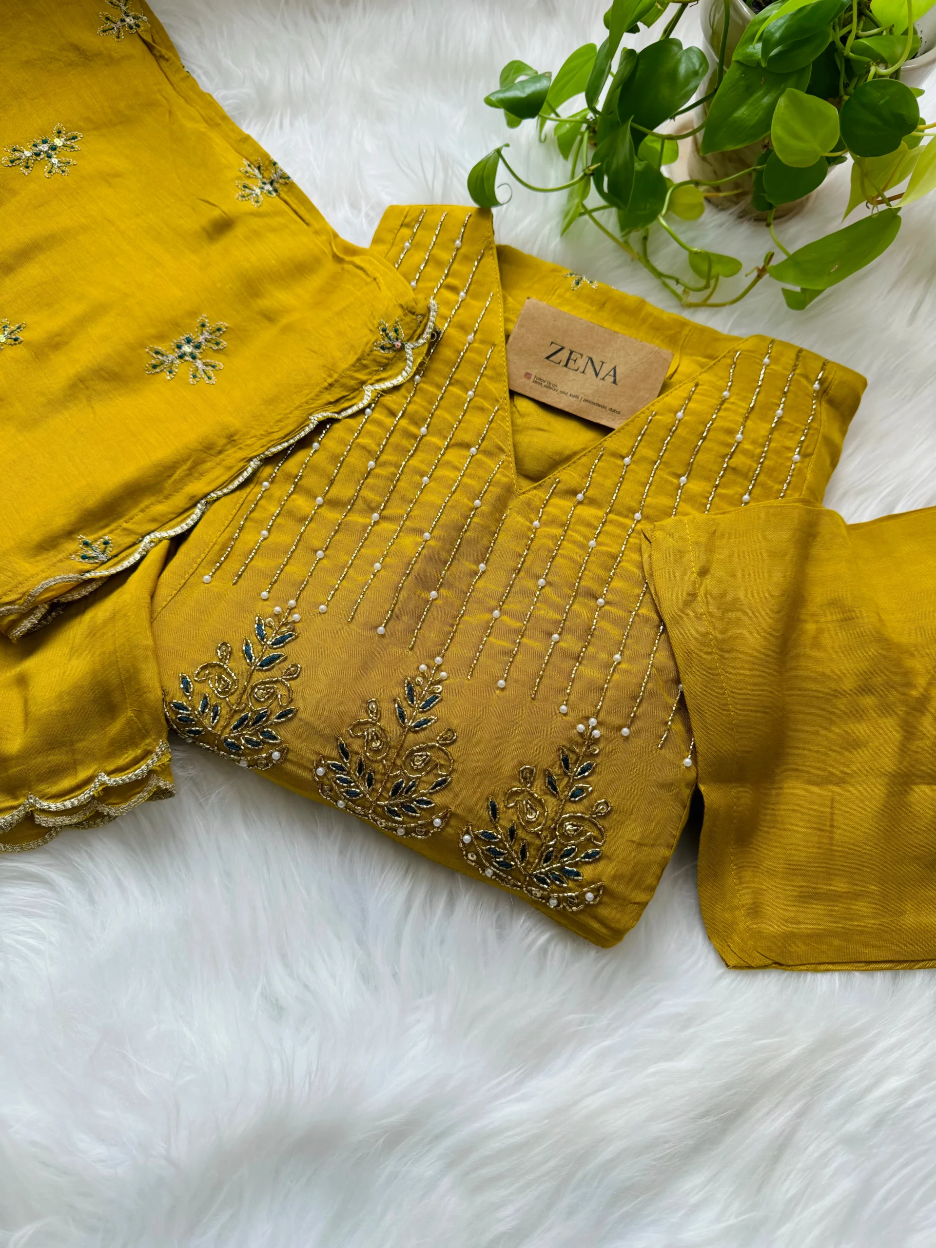 Mul Chanderi Handwork Anarkali Kurti Set โ Regal Elegance - Yellow Color