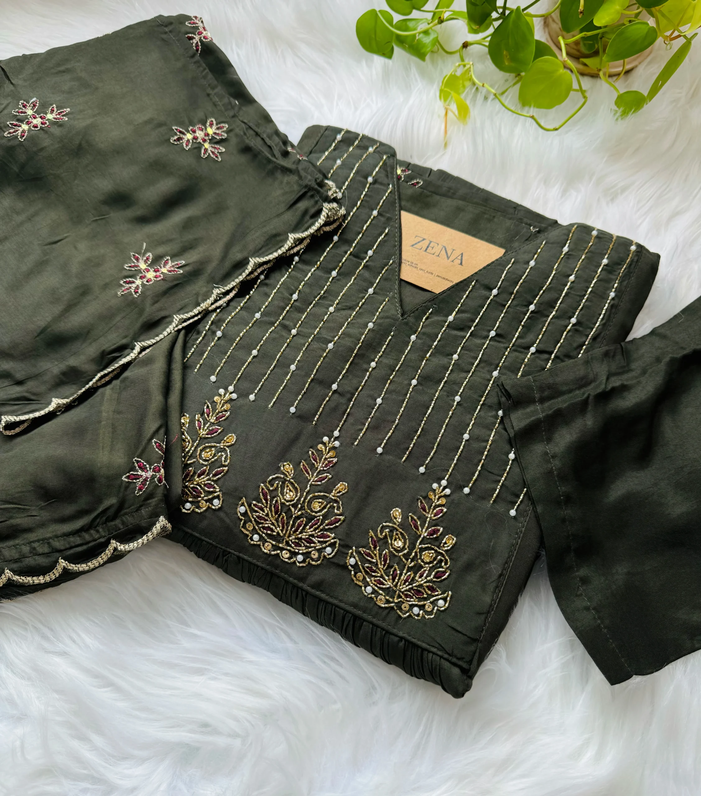 Mul Chanderi Handwork Anarkali Kurti Set โ Regal Elegance - Pista Green Color