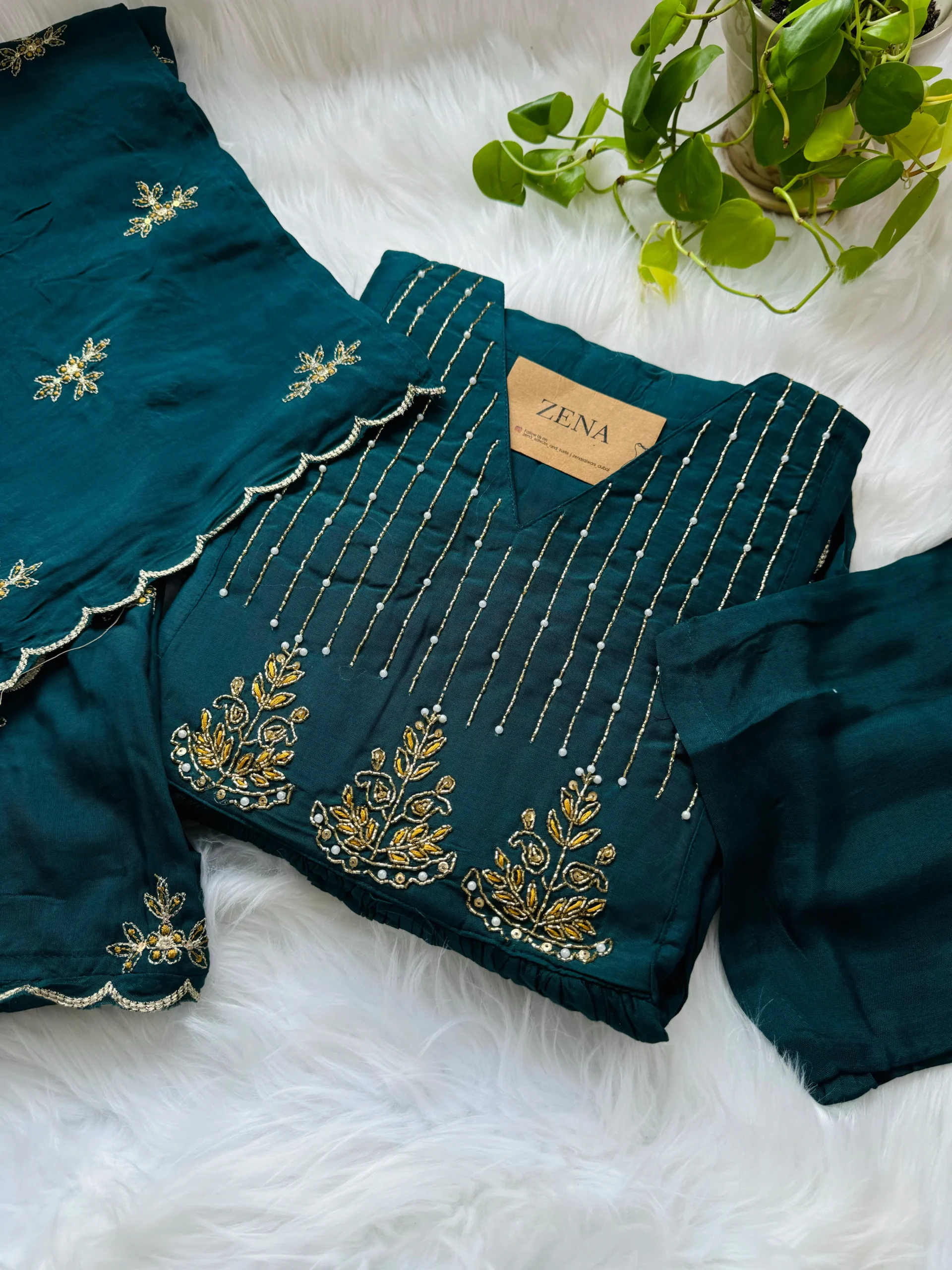 Mul Chanderi Handwork Anarkali Kurti Set โ Regal Elegance - peacock blue Color