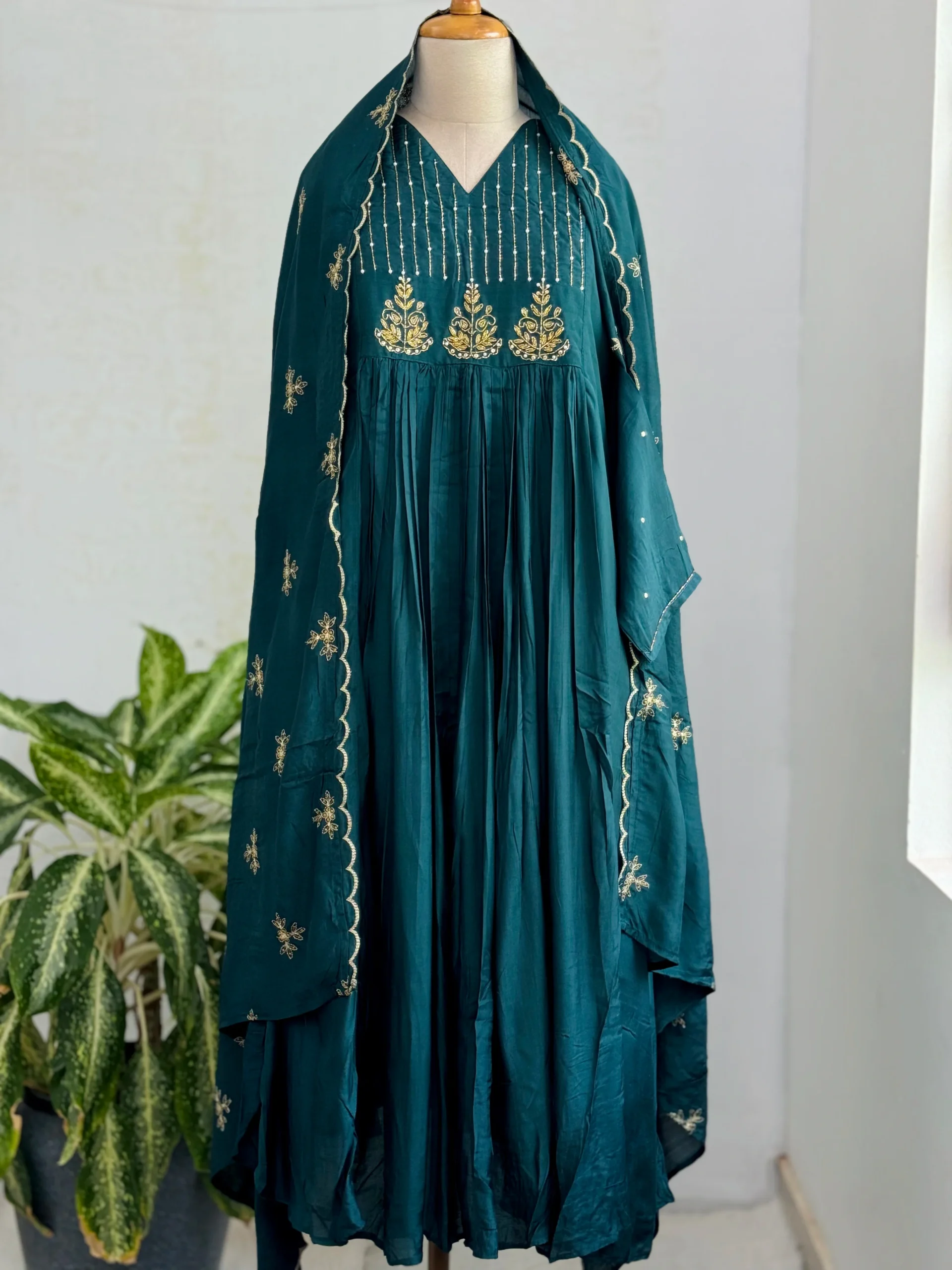 Mul Chanderi Handwork Anarkali Kurti Set โ Regal Elegance - peacock blue Color - Image 2