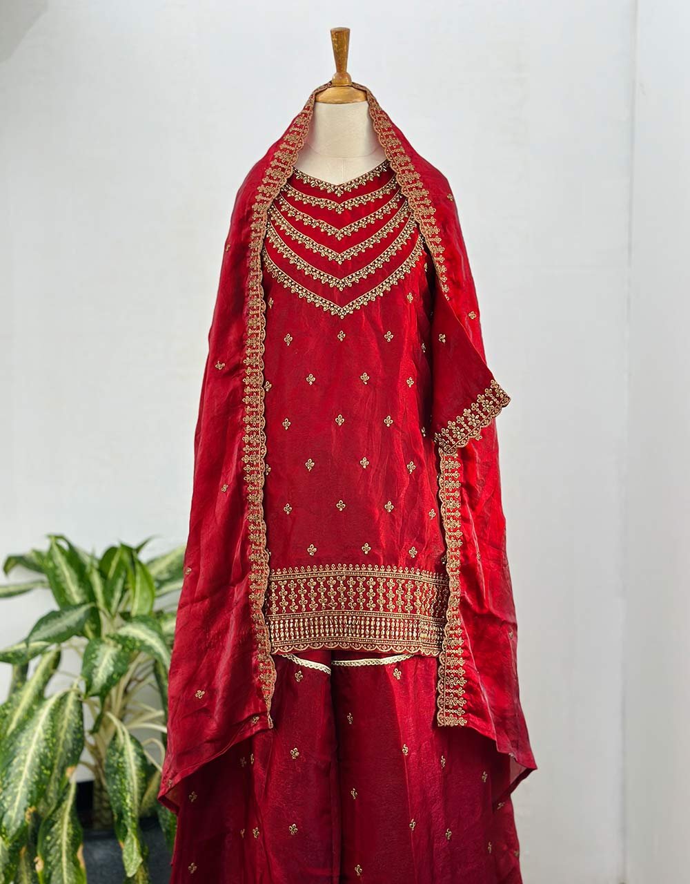 Ready to Wear Red Shimmer Silk Party Wear Suit – Dazzle with Elegance - Image 2
