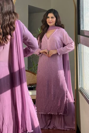 Purple Viscose Georgette Silk Chikankari Kurta With Palazzo And Dupatta Set