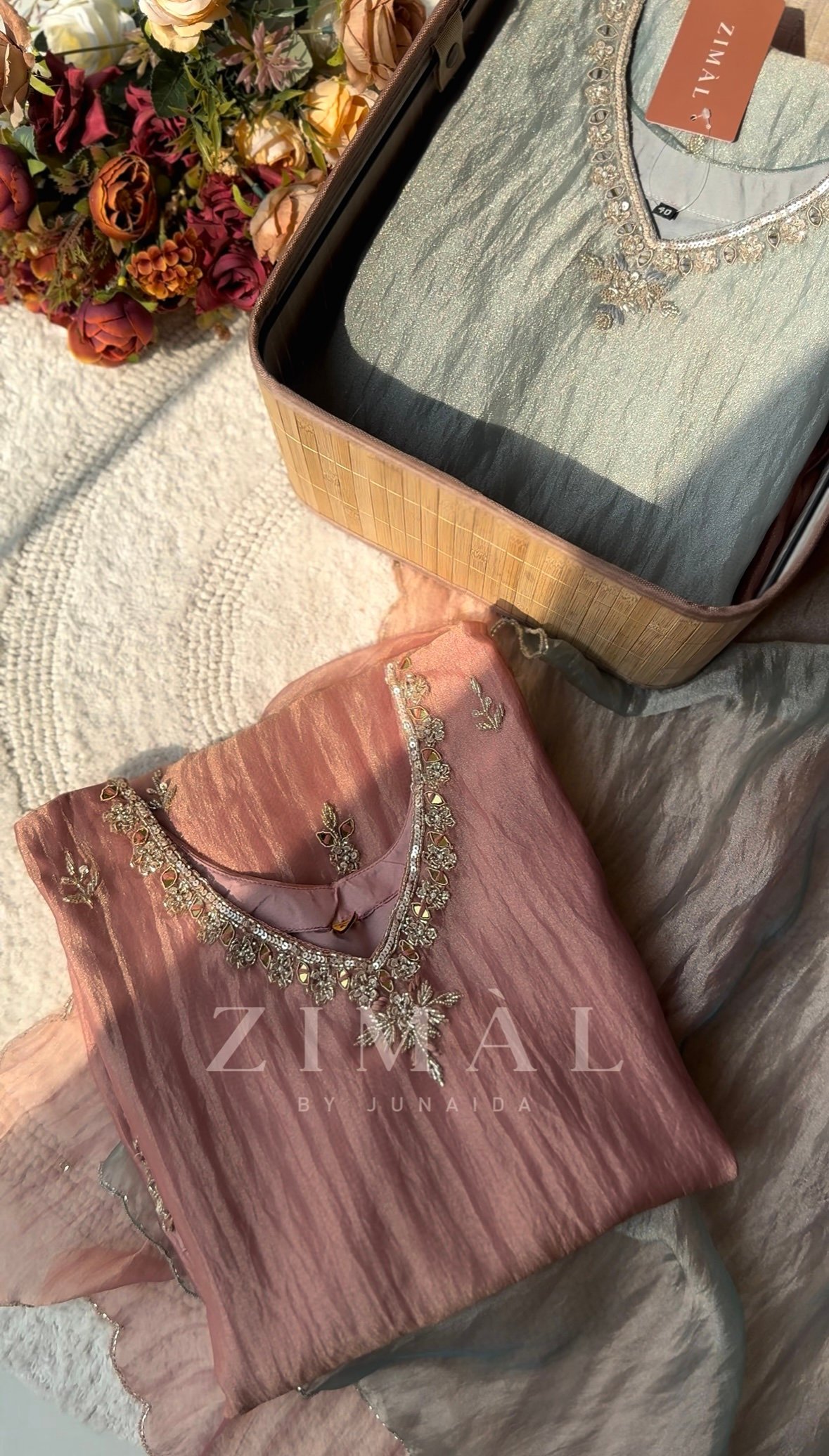 Crushed tissue silk hand work straight cut top with crushed tissue palazzo bottom and scalloped tissue dupatta.