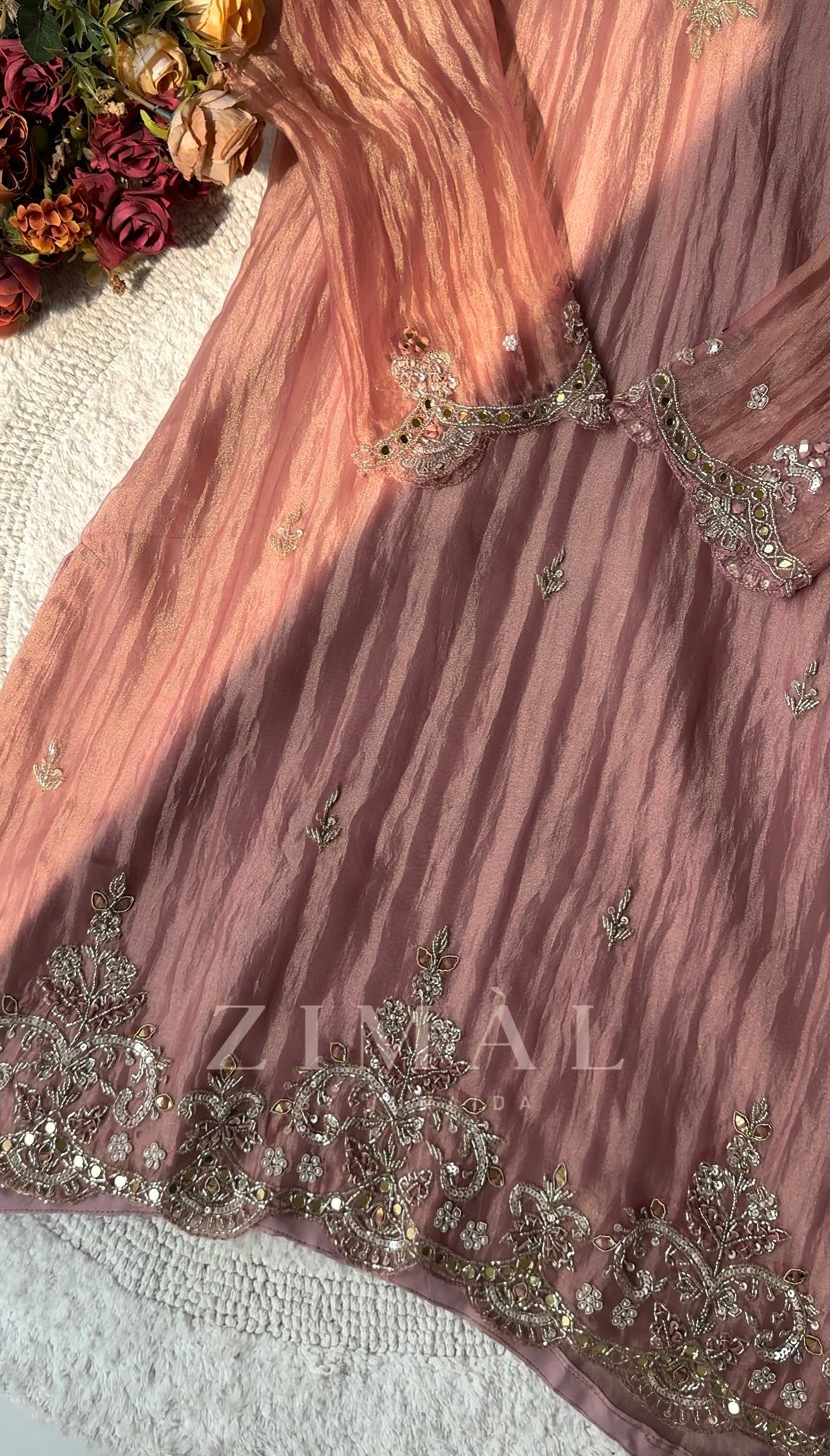 Crushed tissue silk hand work straight cut top with crushed tissue palazzo bottom and scalloped tissue dupatta. - Image 2