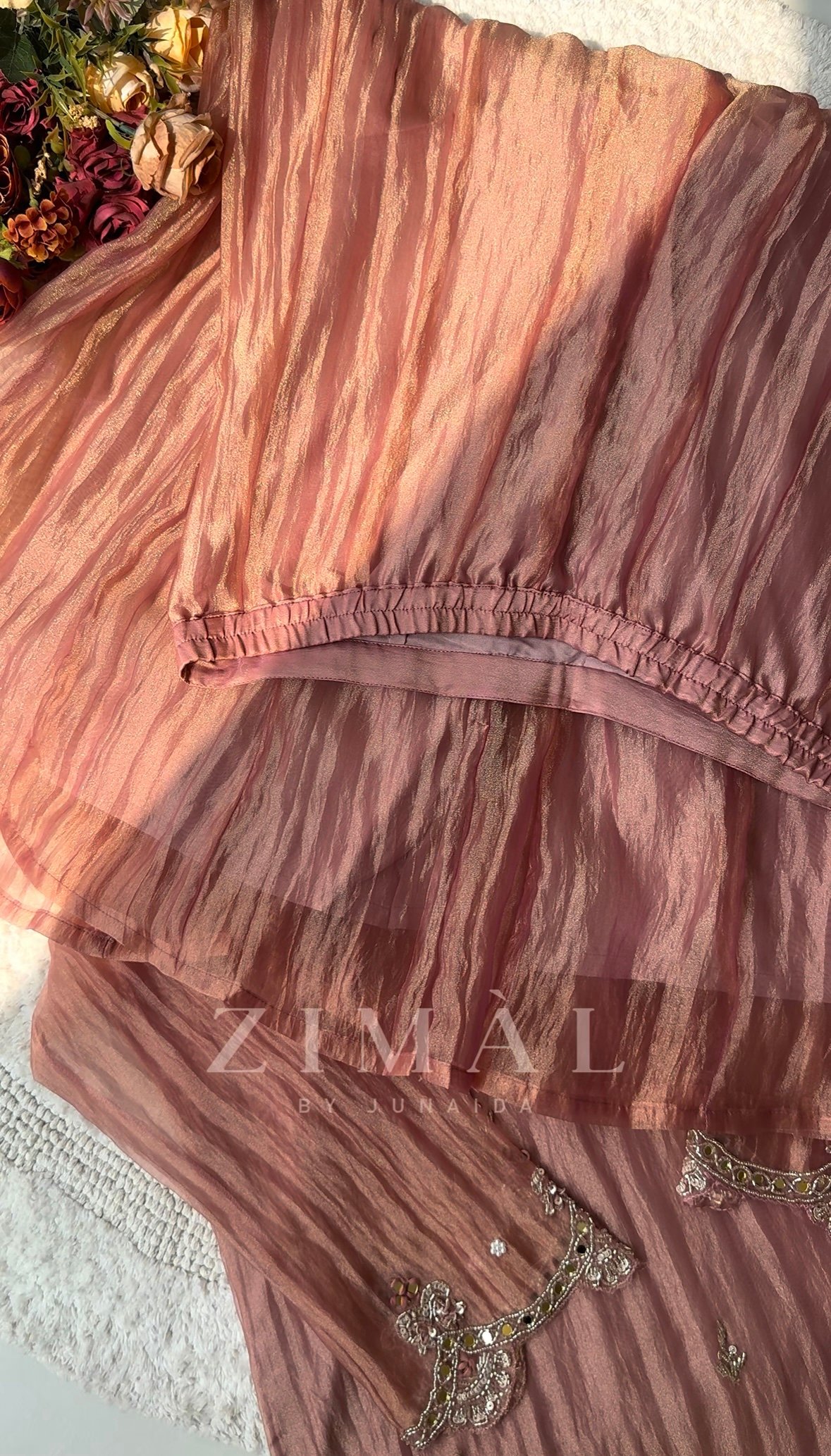 Crushed tissue silk hand work straight cut top with crushed tissue palazzo bottom and scalloped tissue dupatta. - Image 3
