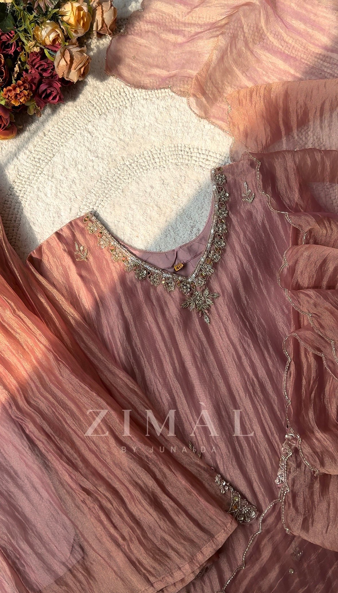 Crushed tissue silk hand work straight cut top with crushed tissue palazzo bottom and scalloped tissue dupatta. - Image 4