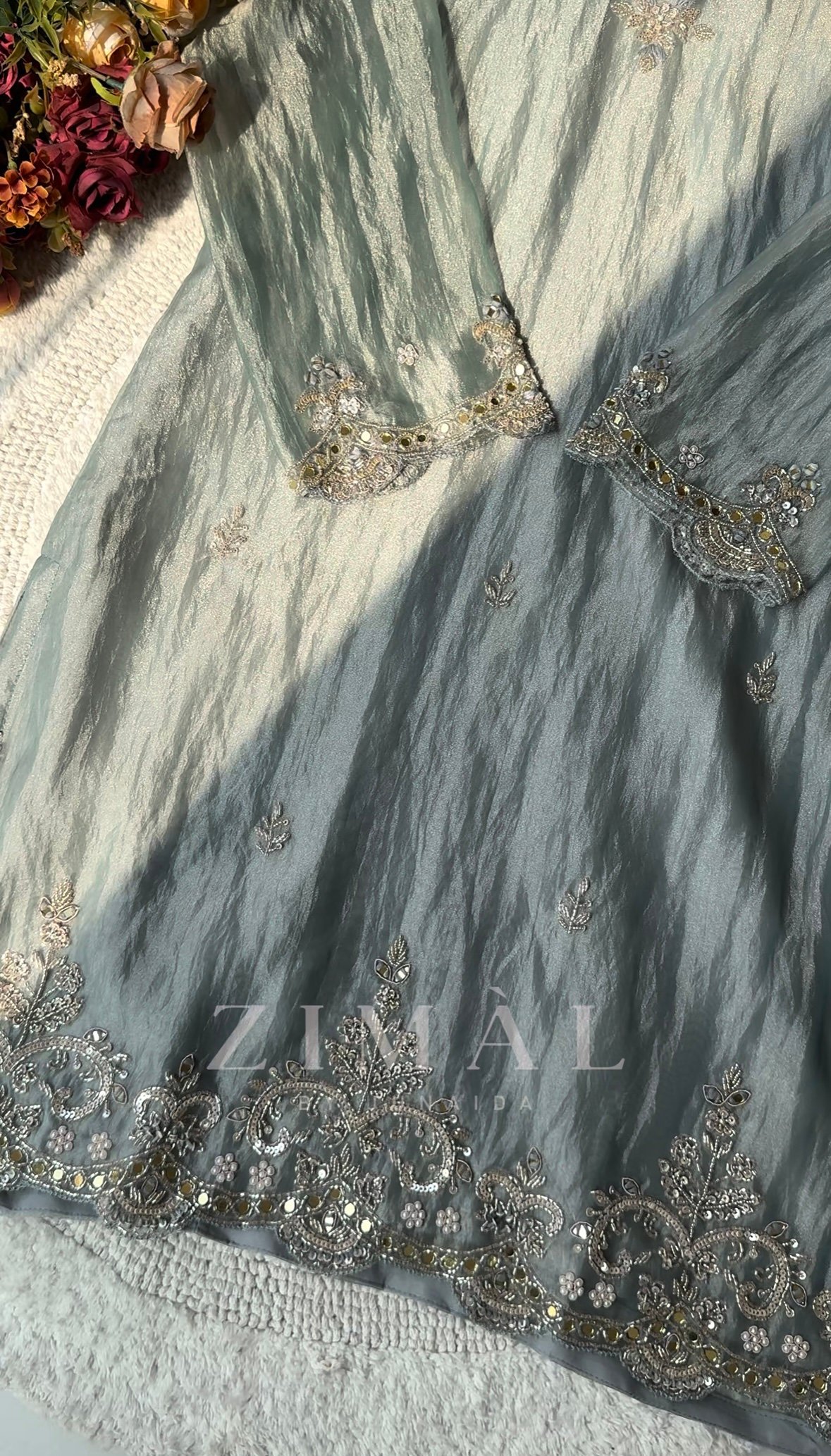 Crushed tissue silk hand work straight cut top with crushed tissue palazzo bottom and scalloped tissue dupatta. - Image 5