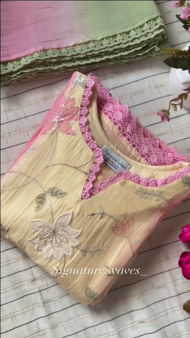 Yellow and Pink Floral Embroidered Kurta Set With a Dupatta - Image 2
