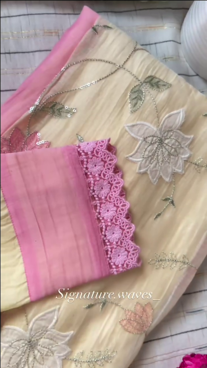 Yellow and Pink Floral Embroidered Kurta Set With a Dupatta - Image 3