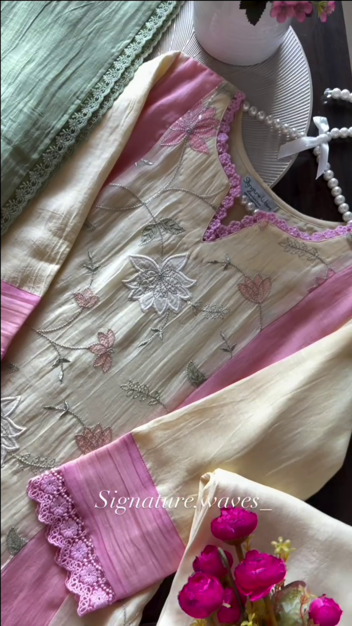 Yellow and Pink Floral Embroidered Kurta Set With a Dupatta - Image 4