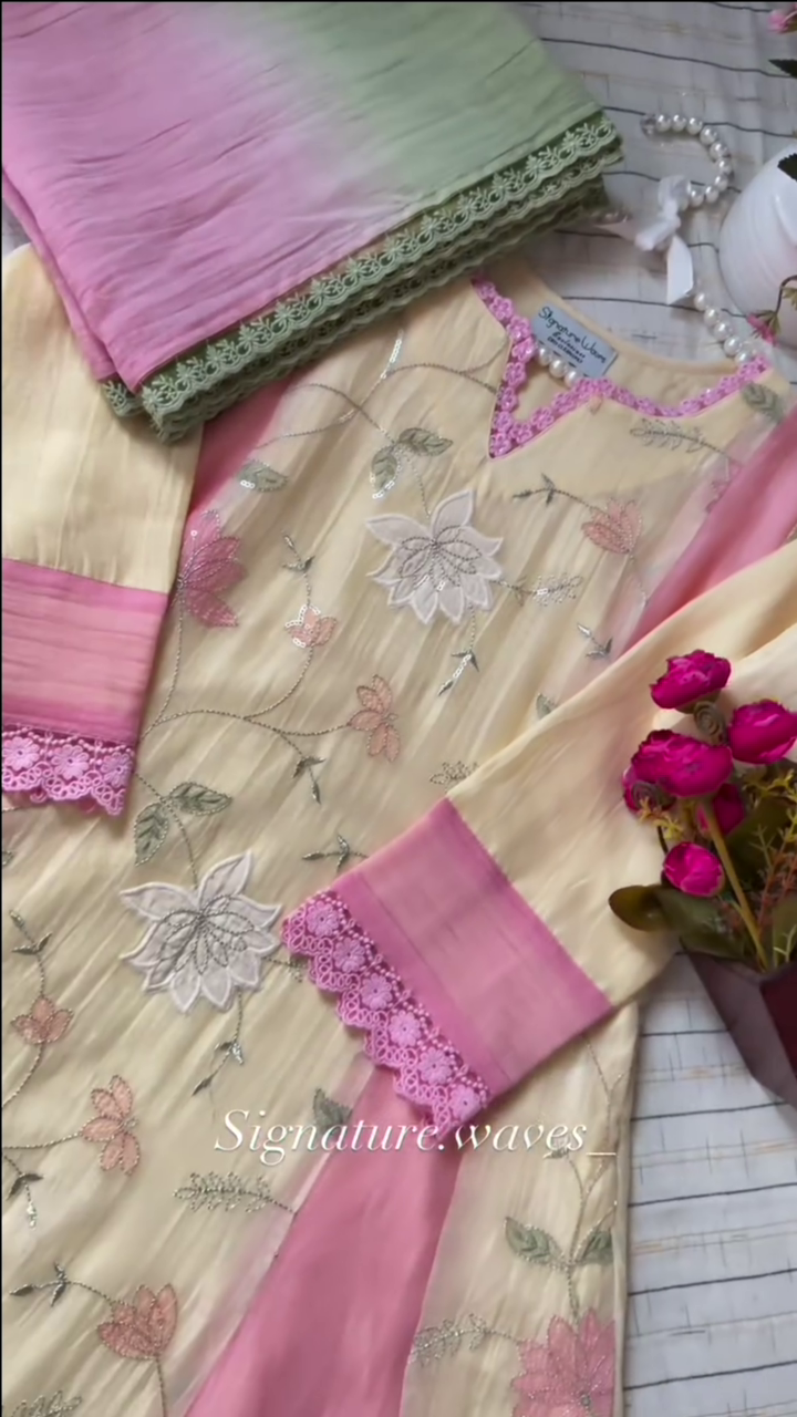 Yellow and Pink Floral Embroidered Kurta Set With a Dupatta