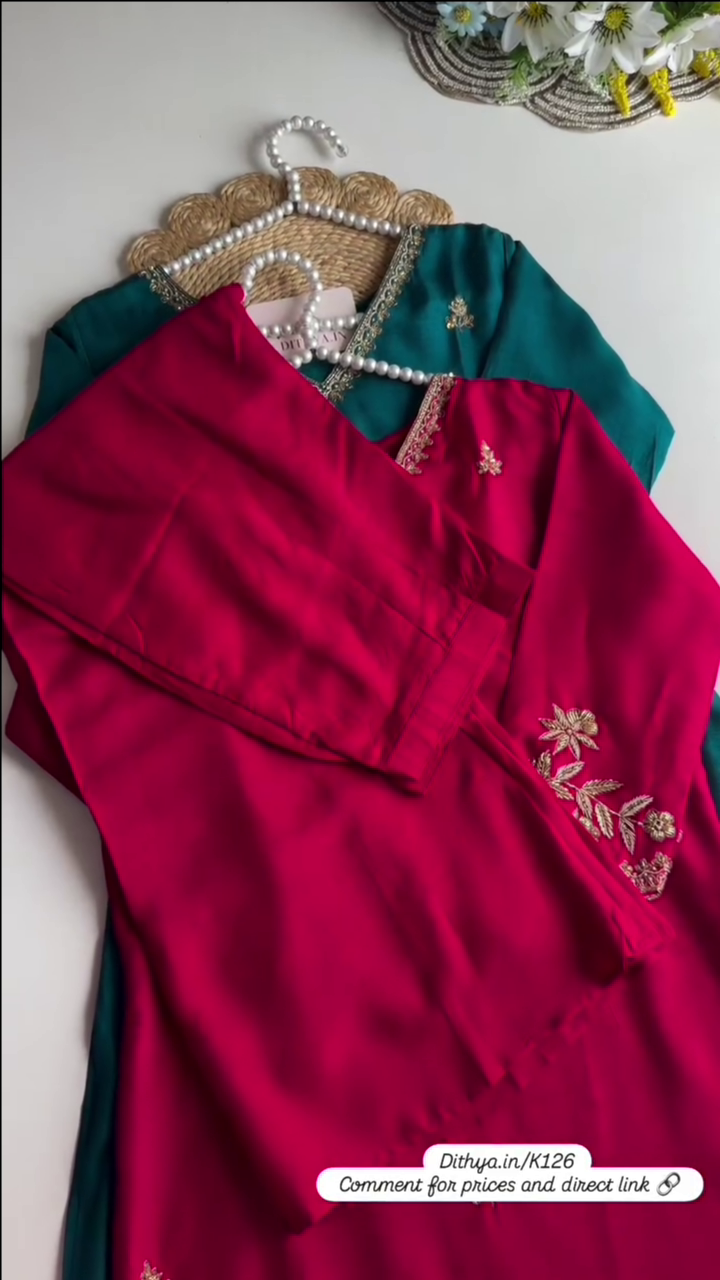 Floral Yoke Design Beads Work Pure Silk Kurta With Pyjama & Dupatta Red - Image 4