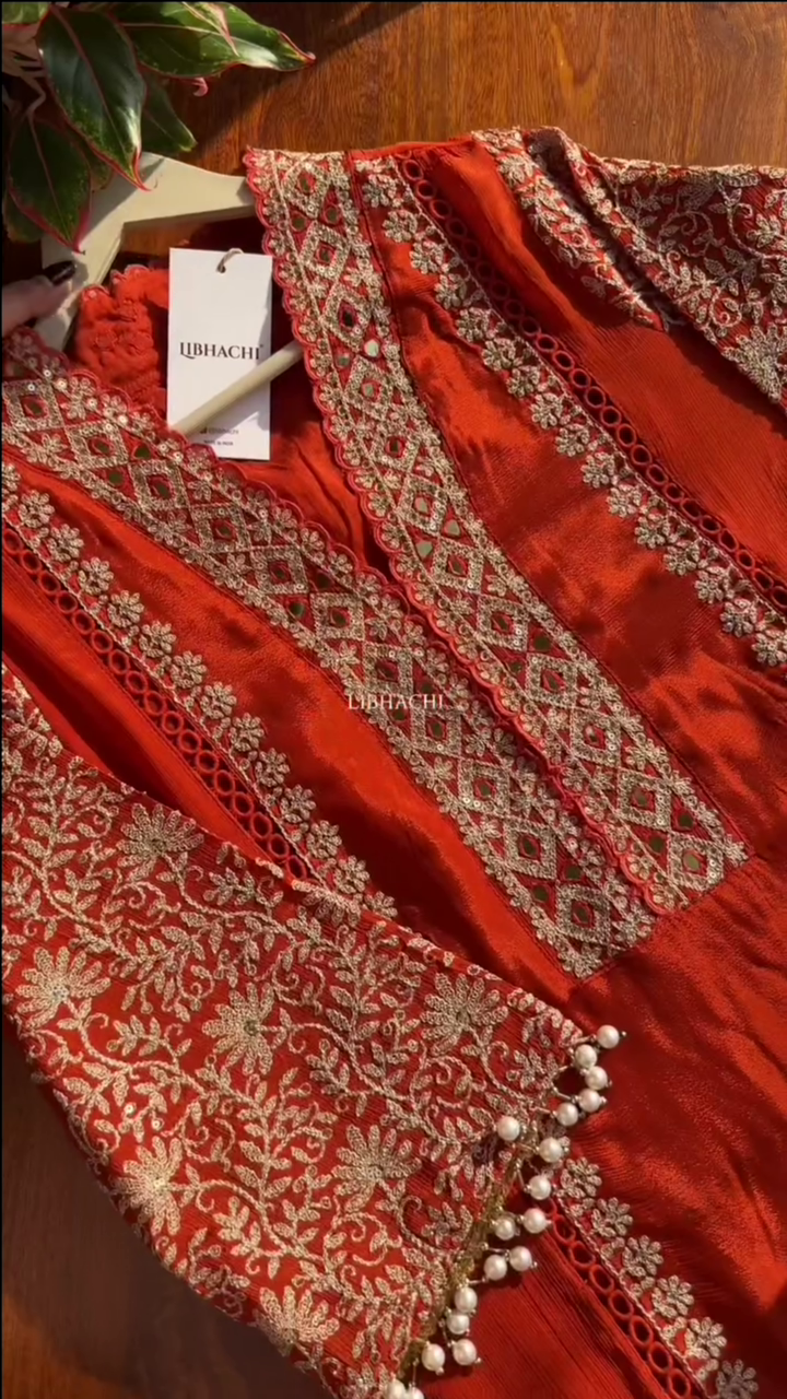 Dark Orange Chinon Heavy embroidered & Pearl Work Straight Suit with Beautiful Duppata