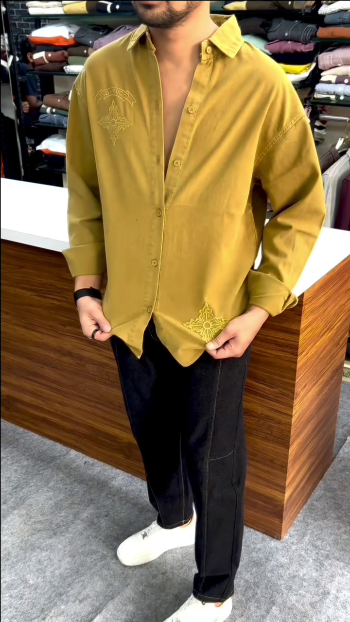 Mustard Yellow Embroidered Relaxed Fit Casual Shirt