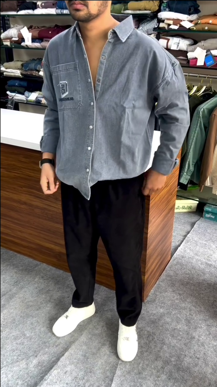 Men’s Slate Grey "Urban Nomad" Oversized Acid-Wash Denim Shirt - Image 2