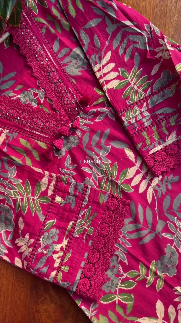 Pure Cotton Dark Pink Yolk Embroidery Kurta Set - Image 2