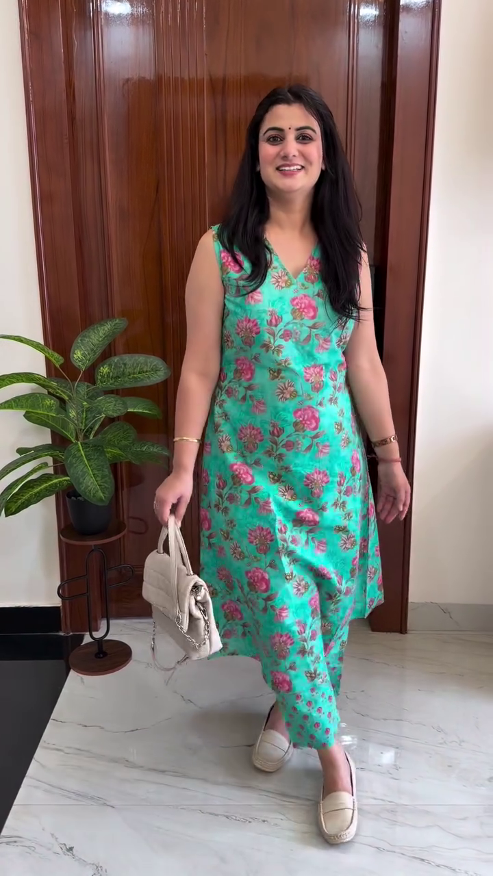 Sea Green Floral Printed Sleeveless Co-Ord Set