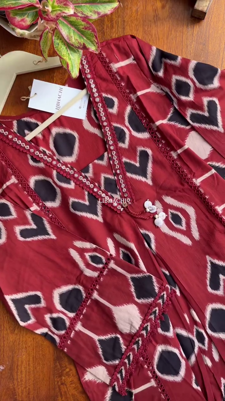 Maroon Ikat Printed Kurta Pant Set with Duppata