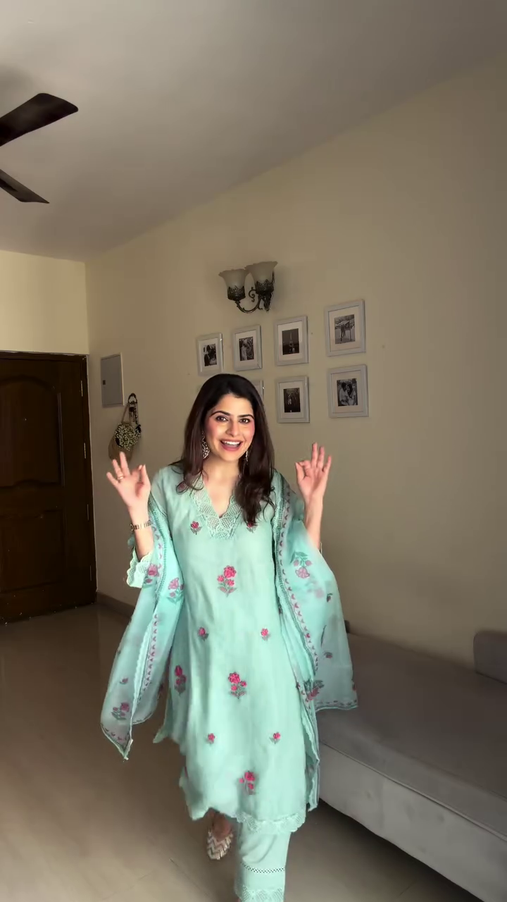 Aqua Blue Embroidered Three Piece Suit Set - Image 3