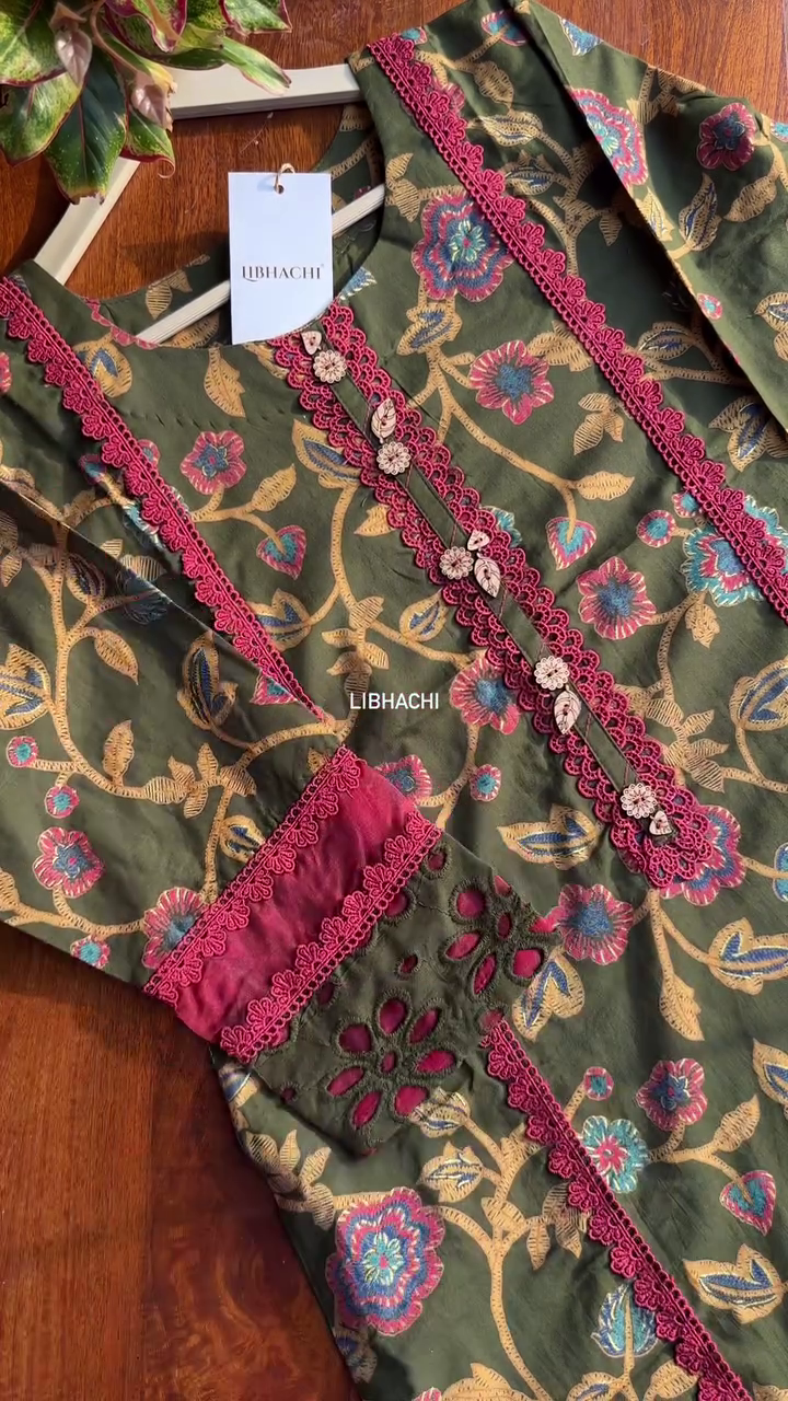 Olive Green Floral Printed Kurta Pant Set
