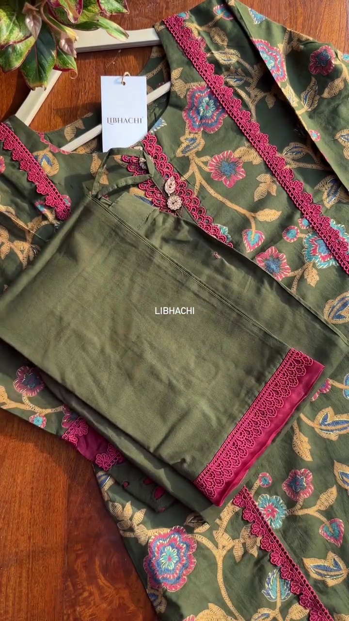 Olive Green Floral Printed Kurta Pant Set - Image 2