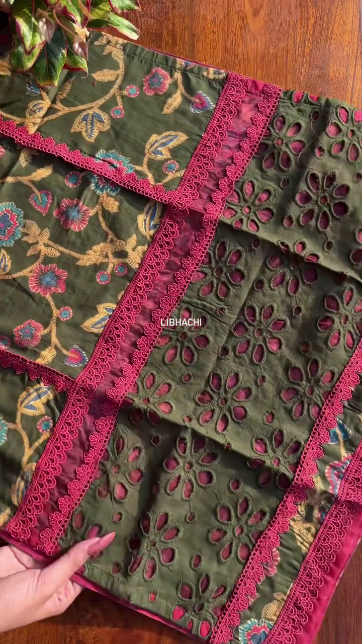 Olive Green Floral Printed Kurta Pant Set - Image 3