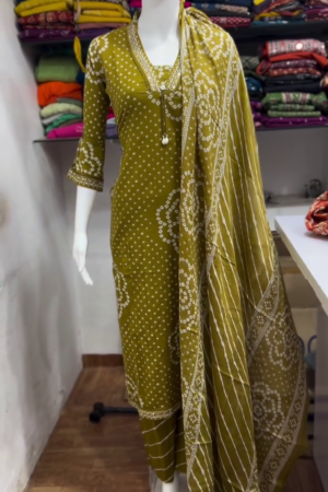 Olive Green Bandhani Print Suit Set