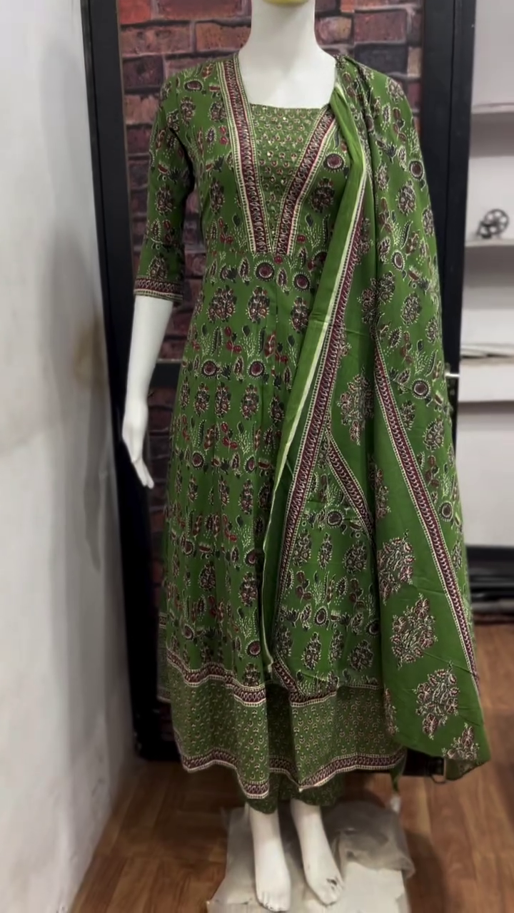 Green Ethnic Printed Anarkali Suit Set