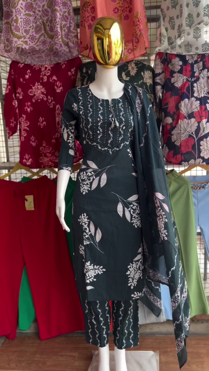 Dark Green Floral Embroidered Suit Set