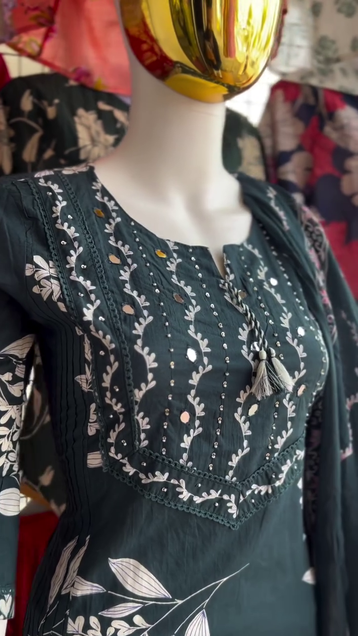 Dark Green Floral Embroidered Suit Set - Image 3