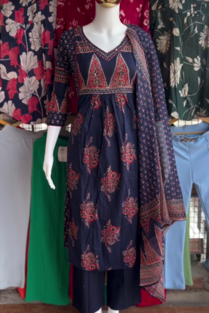 Navy Blue Ethnic Print Suit Set