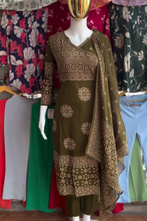 Olive Brown Traditional Block Print Suit Set