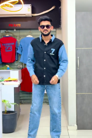 Men's Black & Denim Blue Color Block Casual Shirt with Light Wash Jeans Set