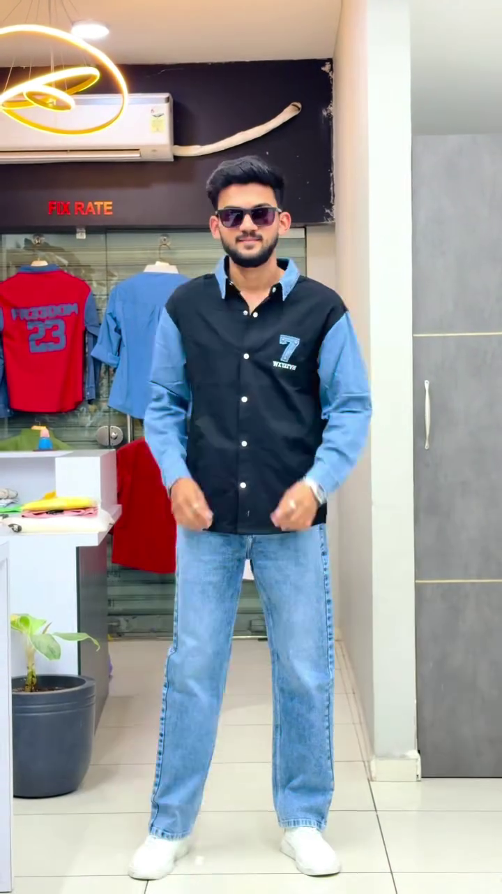 Men's Black & Denim Blue Color Block Casual Shirt with Light Wash Jeans Set