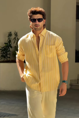 Men's Pastel Yellow Vertical Stripe Casual Shirt